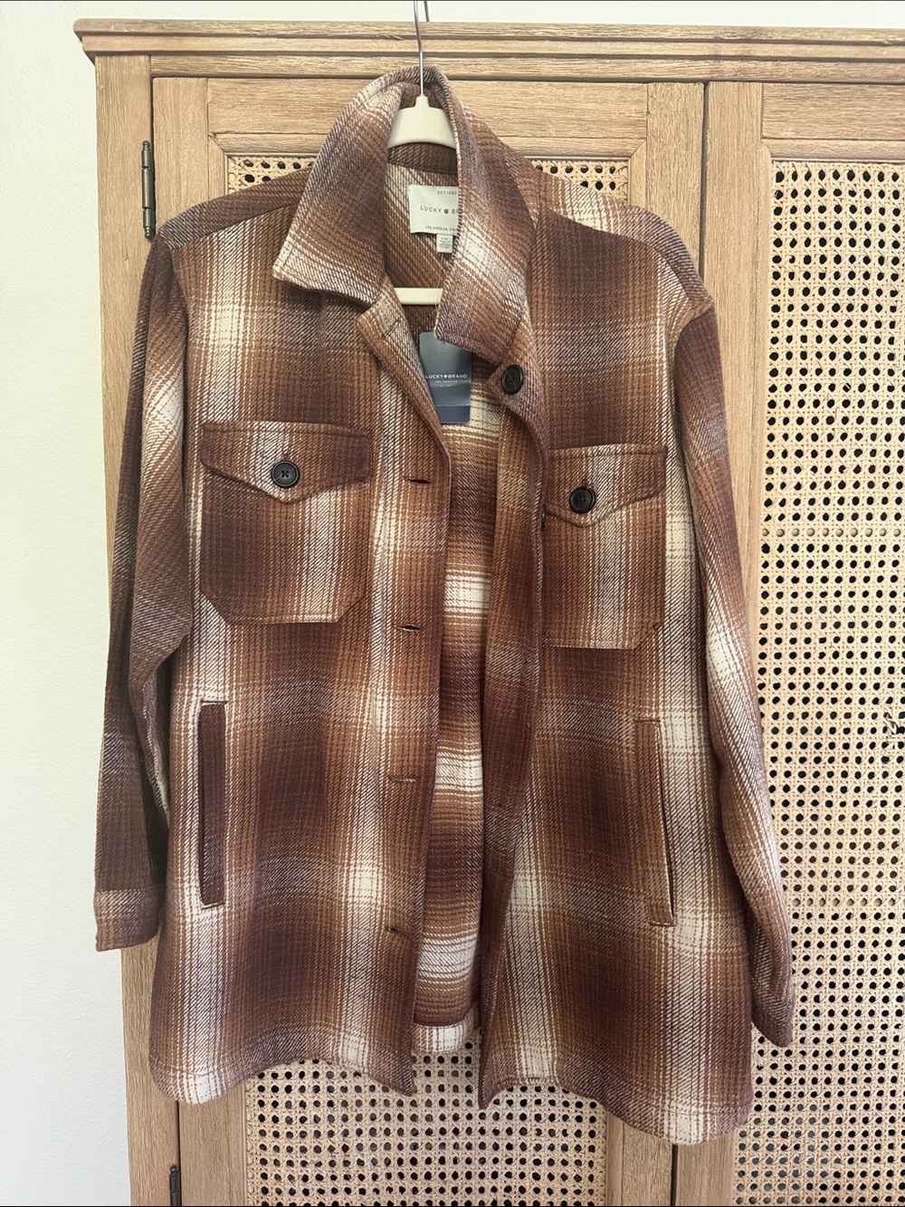 Lucky Brand Brown and Cream Plaid Utility Shacket